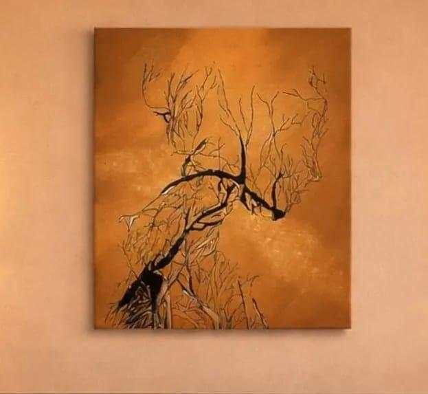Amber Branches — ink tree silhouette on amber canvas by Saemah Shamim